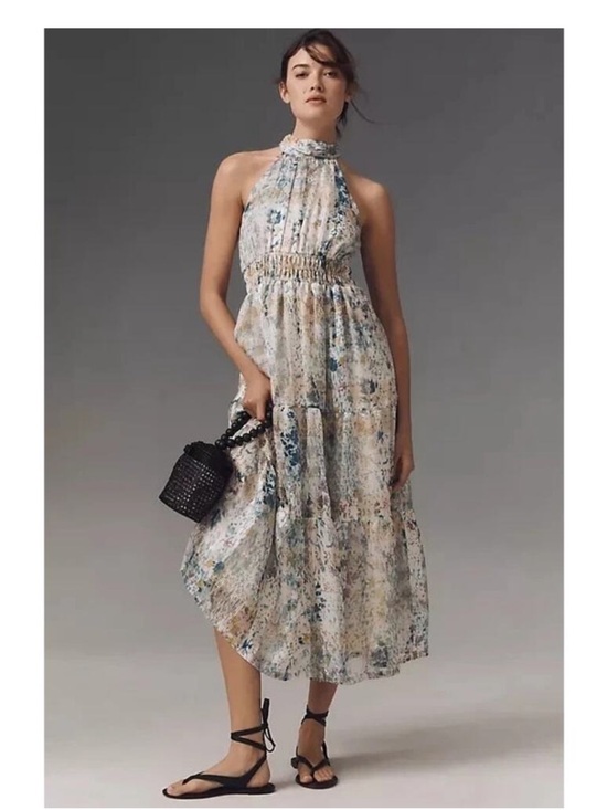 Anthropologie Dresses & Skirts - Anthropologie High-Neck Floral Maxi Dress in Blue and Cream NWT